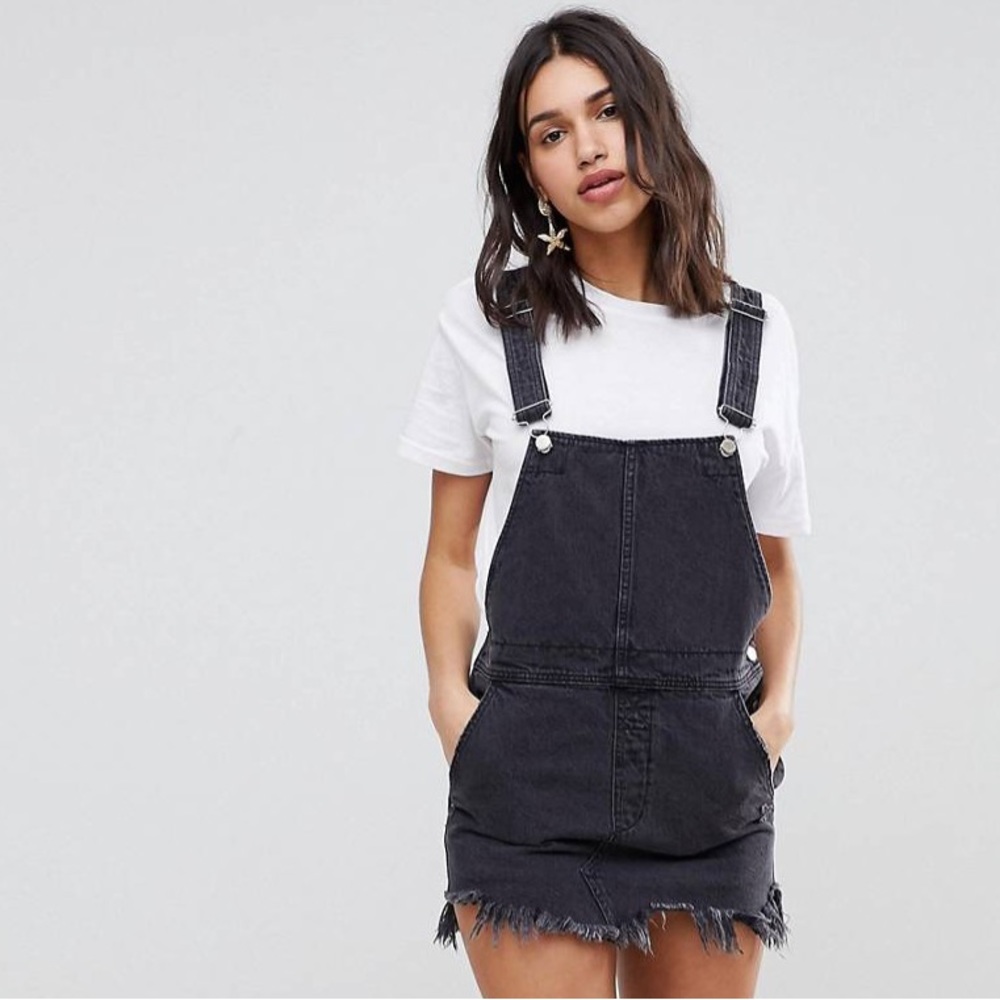 Free People Torn Up Black Denim Overall Dress Size 2
